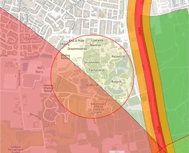 No-fly zone rond de Efteling in kaart gebracht ter voorbereiding van de vlucht