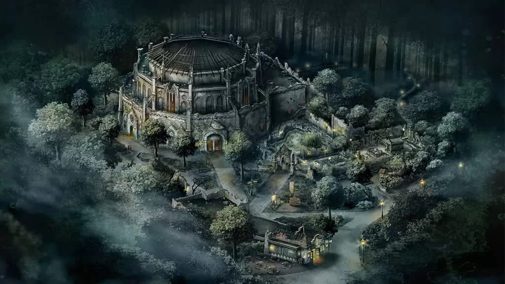 Efteling by night, bouwgebied rond Danse Macabre vanuit de lucht